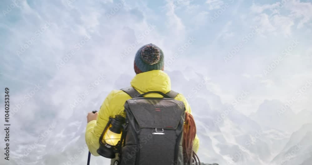 A Man With A Backpack And Ski Poles Looking At The Sky Snowy Mountain Peak Advertising Photography Outdoor Gear