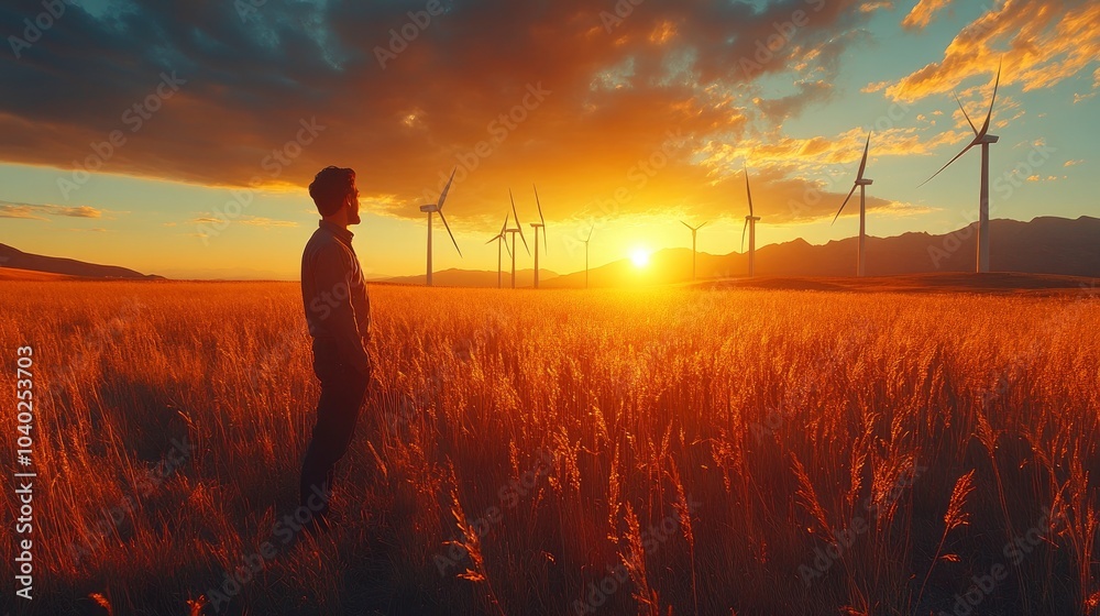 Fototapeta premium Man observing sunset over wind turbines in golden field