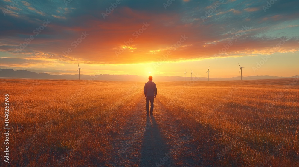 A person walking towards the sunset in a field with wind turbines A person walking towards the sunset in a field with wind turbines