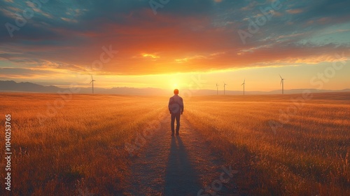 A person walking towards the sunset in a field with wind turbines