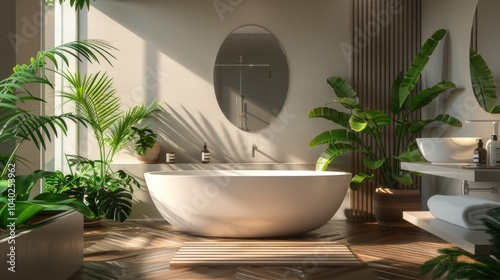 A white bathtub sits in a bathroom next to a window, ideal for interior design or bathroom product photography