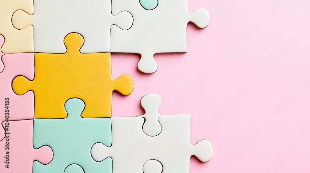 Colorful puzzle pieces on a pastel background creating a playful scene Colorful puzzle pieces on a pastel background creating a playful scene