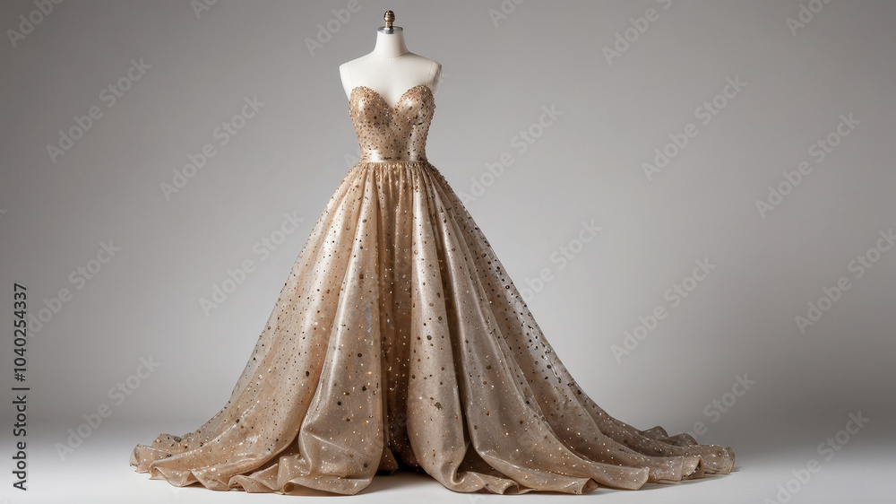 Elegant gold evening gown with sweetheart neckline and flowing skirt, adorned with shimmering sequins, perfect for formal occasions and special events Elegant gold evening gown with sweetheart neckline and flowing skirt, adorned with shimmering sequins, perfect for formal occasions and special events