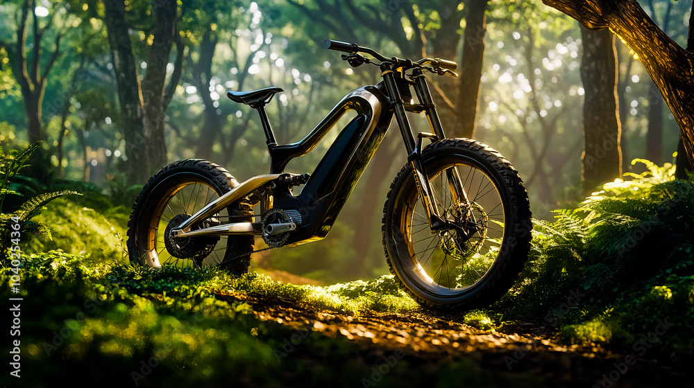 The bike features sleek, modern design elements with detailed suspension, thick tires, and a powerful electric motor.