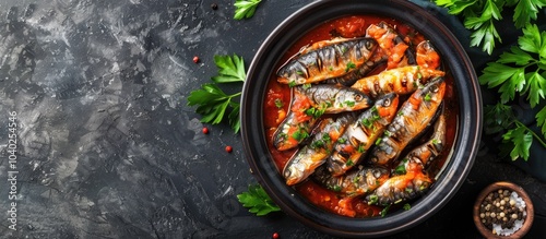 Top view of sardines in tomato sauce with spices for a keto diet meal at either lunch or dinner presented in a copy space image photo