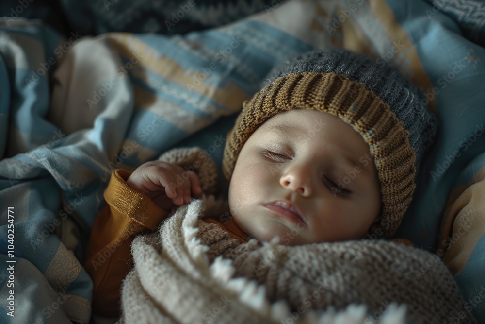 A baby wrapped in a cozy blanket with a hat on, perfect for a warm and snug image A baby wrapped in a cozy blanket with a hat on, perfect for a warm and snug image