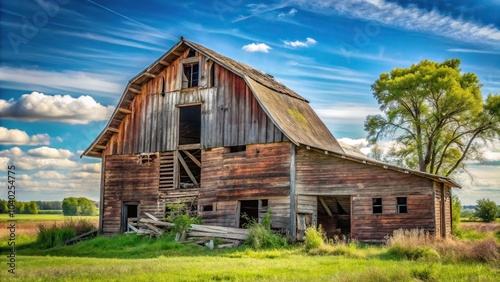 Aerial landscape with a deteriorating barn