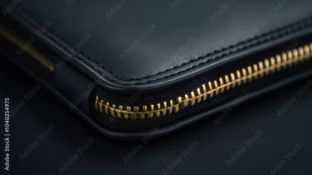 Close-up of a black leather wallet with a golden zipper Close-up of a black leather wallet with a golden zipper