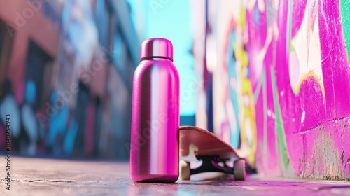 Urban Refreshment - Thermo Water Bottle and Skateboard in Vibrant Street Art Setting photo