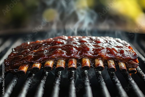 Meat sizzling on a barbecue grill, causing smoke to rise. Glowing charcoal underneath, with grilling utensils nearby. Outdoor setting with a sunny ambiance. photo