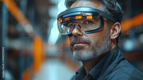 Focused man wearing smart glasses in a modern warehouse environment photo