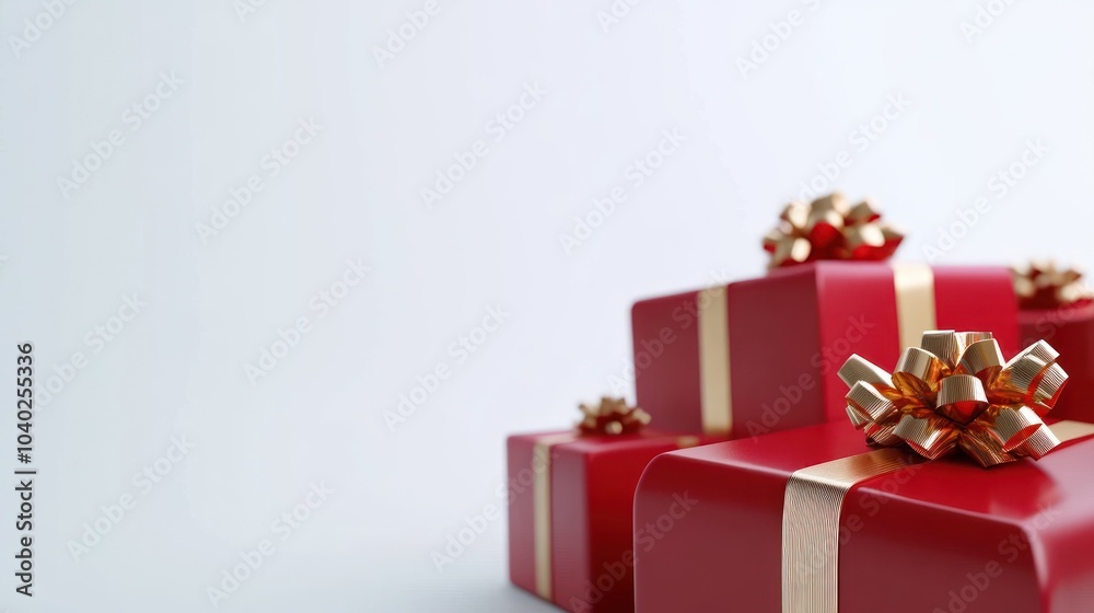 Stacked red gift boxes with gold ribbons, minimalist view. Stacked red gift boxes with gold ribbons, minimalist view.