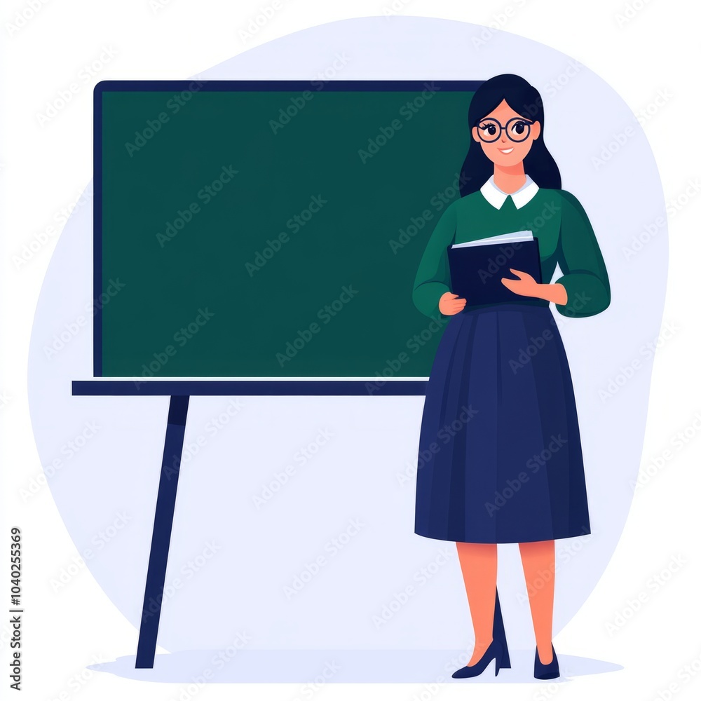 A woman stands beside a chalkboard, holding a book, ready to teach. A woman stands beside a chalkboard, holding a book, ready to teach.