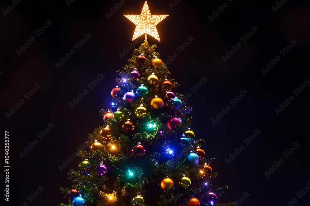 A festive illustration of a Christmas tree adorned with colorful ornaments, twinkling lights, and a shining star on top A festive illustration of a Christmas tree adorned with colorful ornaments, twinkling lights, and a shining star on top