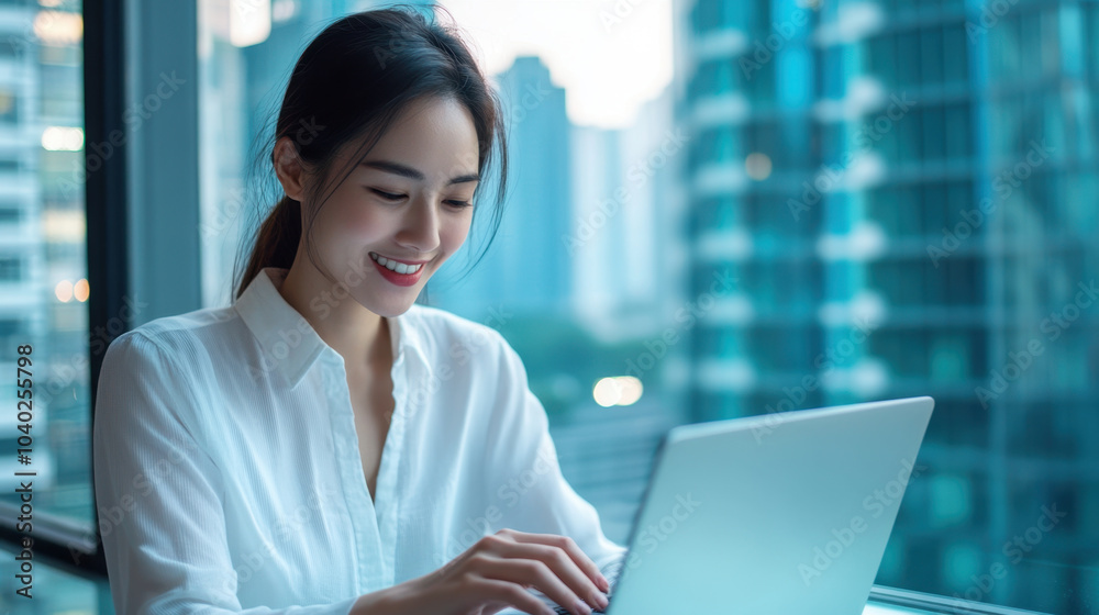 young woman in white shirt is smiling while working on laptop in modern office setting with city view. Her expression reflects happiness and focus young woman in white shirt is smiling while working on laptop in modern office setting with city view. Her expression reflects happiness and focus