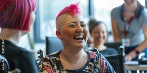 Woman with pink hair socializing with friend