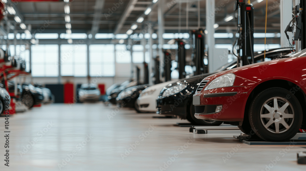A wide-angle view of a bustling auto repair service station, filled with cars, lifts, and diagnostic equipment, capturing the atmosphere of a modern, fully-equipped workshop for au