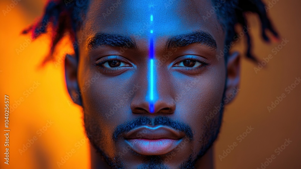 A close-up portrait of a young man with striking features