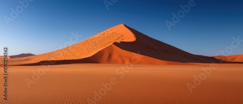 Witness the beauty of massive sand dunes under a clear blue sky. This tranquil desert scene features vibrant colors and an endless landscape, perfect for nature lovers. photo