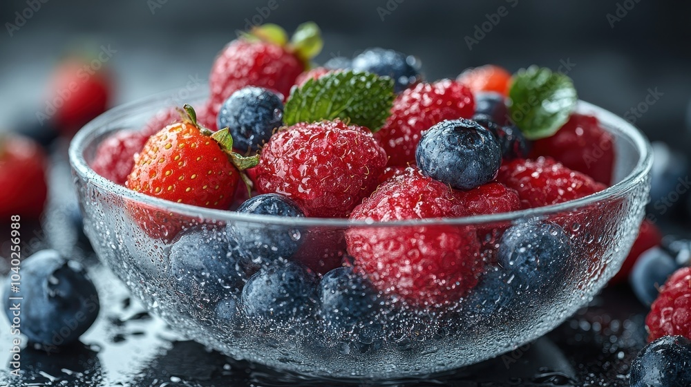 Fresh and juicy berries in a crystal bowl a vibrant display of nature's sweetness Fresh and juicy berries in a crystal bowl a vibrant display of nature's sweetness