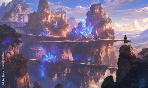 Fantasy Landscape with Crystal Formations and Bridges photo