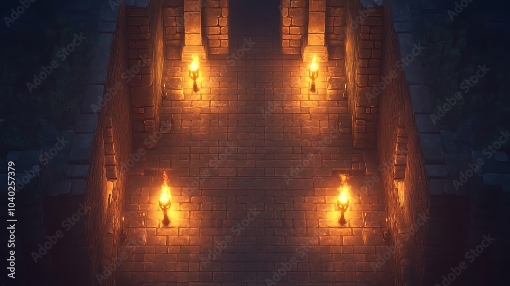 Pixel art battlemap depicting a dungeon corridor with stone walls and torches lining the path Pixel art battlemap depicting a dungeon corridor with stone walls and torches lining the path
