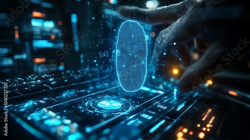 Fingerprint identification process within a VR headset, holographic data and biometric symbols floating around the interface, neon blue lighting reflecting on the digital display,