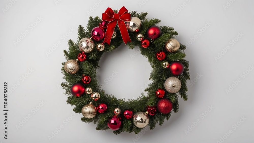 Christmas wreath with red berries and golden balls on a white wall Christmas wreath with red berries and golden balls on a white wall
