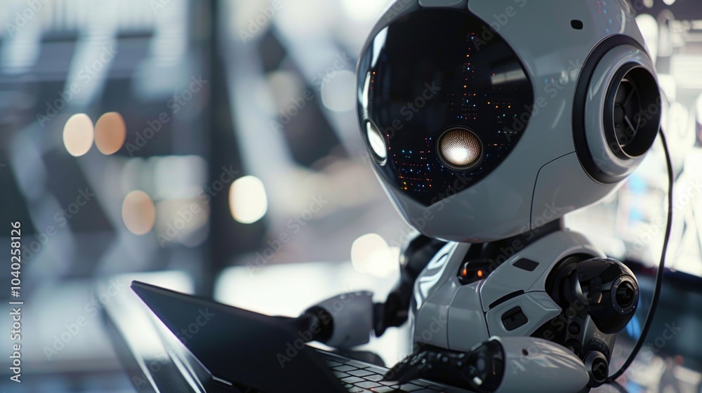 A robot working on a laptop, perfect for technology and innovation concepts