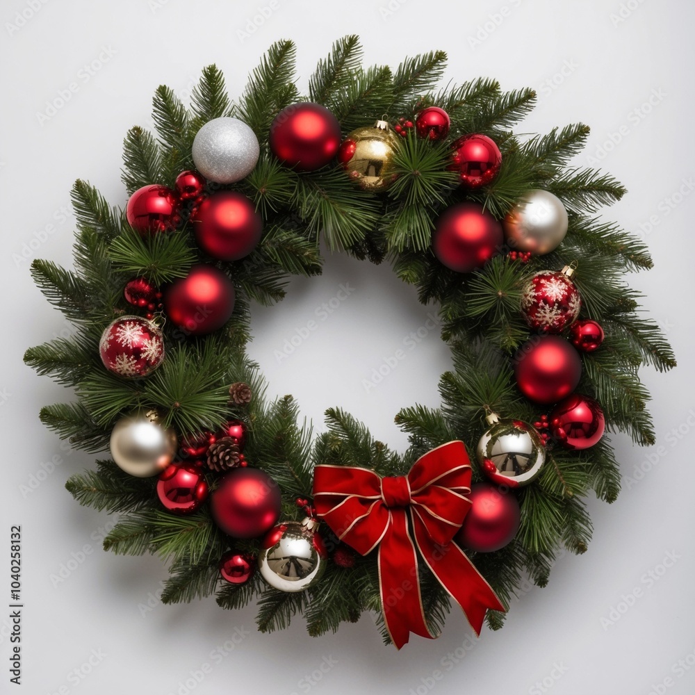 Christmas wreath with red berries and golden balls on a white wall Christmas wreath with red berries and golden balls on a white wall