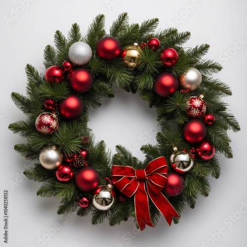 Christmas wreath with red berries and golden balls on a white wall