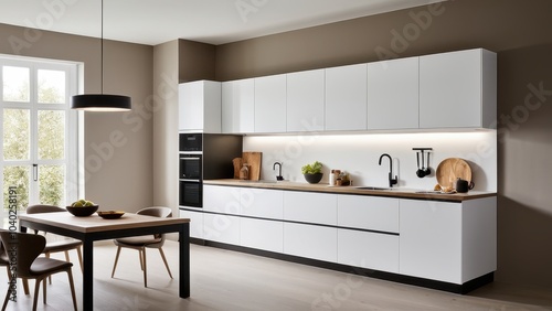 A modern kitchen with white cabinets and a black countertop. Wooden accents and plants add warmth. A dining area with a black lamp is visible. photo