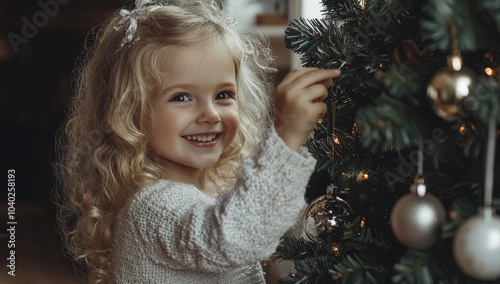 A happy, blonde girl decorates a Christmas tree in the living room, wearing a white dress and having curly hair.