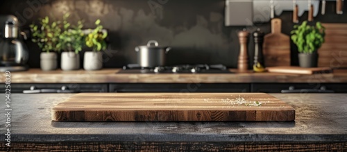 Wooden cutting board on a kitchen table with copy space image for culinary presentation photo