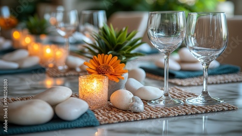 Elegant dining table setup with flowers and candles for special occasions photo