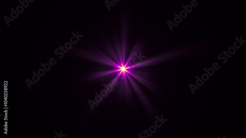 Purple glowing light burst on a black background, violet sun rays, golden light 