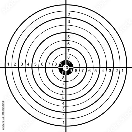 Blank gun target with numbers and concentric circles for training of shooting weapons. Illustration made October 21st, 2024, Zurich, Switzerland.
