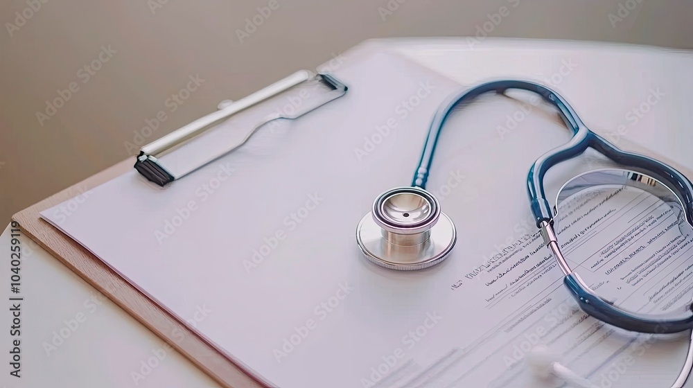 Medical equipment on a desk with a stethoscope and clipboard Medical equipment on a desk with a stethoscope and clipboard
