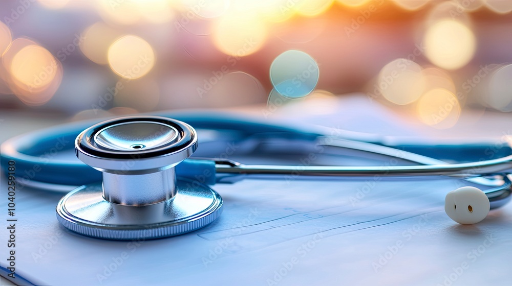 A close-up of a stethoscope on a medical document background A close-up of a stethoscope on a medical document background