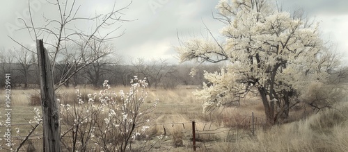 A mix of blooming white trees and tall grasses stand amidst old barren trees next to a fence in a farm field on a cloudy day in early springtime ideal for a copy space image