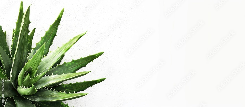An aloe vera plant positioned to the side with space for additional content set against a blank white backdrop An aloe vera plant positioned to the side with space for additional content set against a blank white backdrop