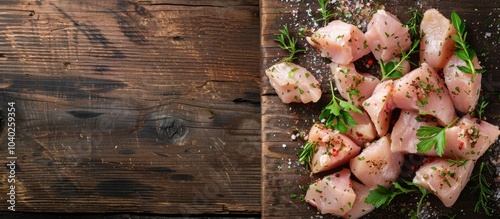 Top view of diced raw chicken breast fillets seasoned with herbs on a wooden backdrop accommodating a copy space image