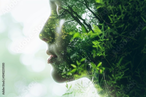 womans double exposure blended with a sunlit forest, emphasizing harmony with nature for eco conscious or wellness campaigns, promoting inner peace and mindfulness.