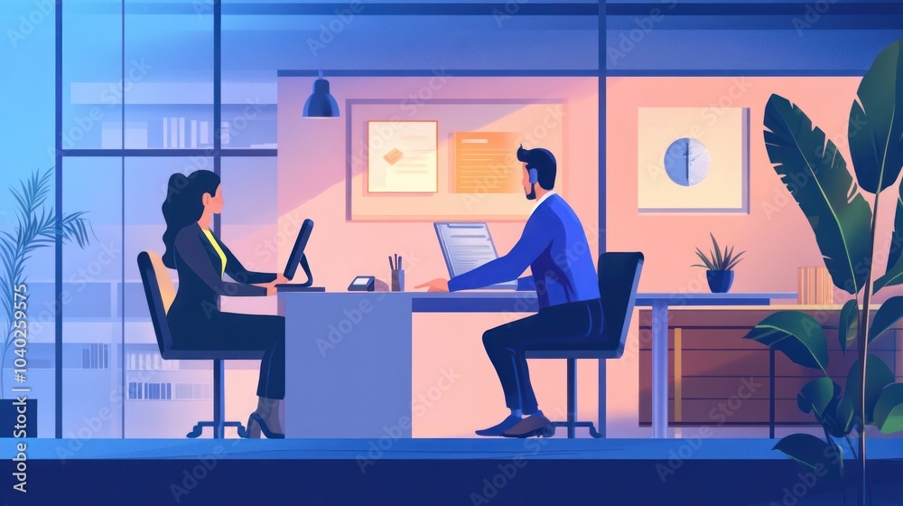Insurance claim process with an agent assisting a client at a desk Insurance claim process with an agent assisting a client at a desk