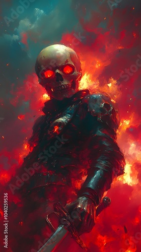 Fiery Skeleton Warrior with Glowing Eyes and Sword