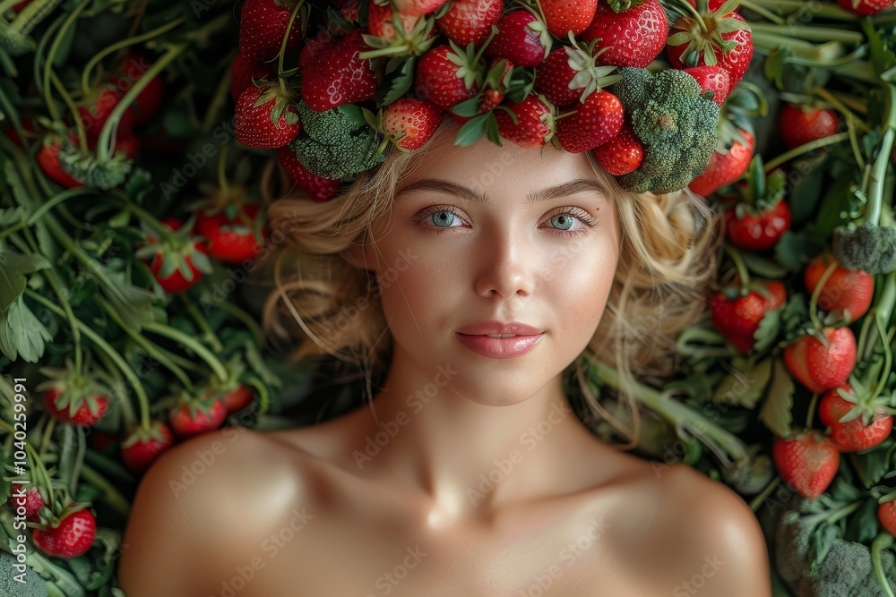 A young woman wears a crown of fresh fruits and vegetables, symbolizing vibrant health and wellness, with the colorful produce highlighting natural beauty and nutrition. A young woman wears a crown of fresh fruits and vegetables, symbolizing vibrant health and wellness, with the colorful produce highlighting natural beauty and nutrition.