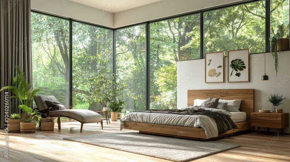 Fototapeta premium A bedroom with a large bed, a chair, and a plant