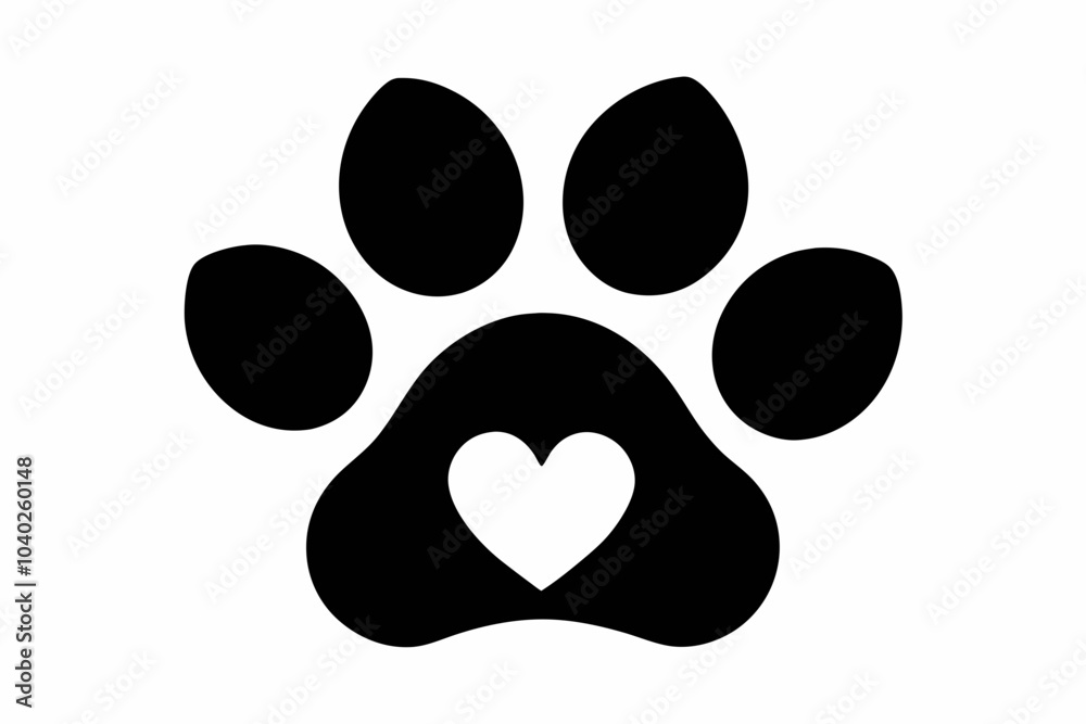 Heart and pet paw icon, Paw print with heart black silhouette vector Heart and pet paw icon, Paw print with heart black silhouette vector