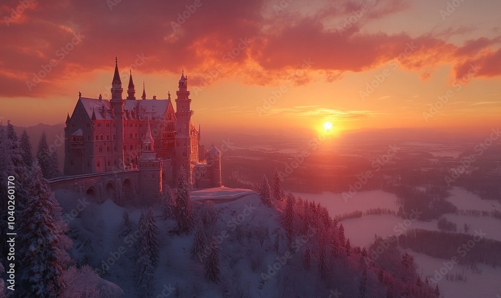 Obraz premium Fairytale Castle in Winter Sunset Landscape