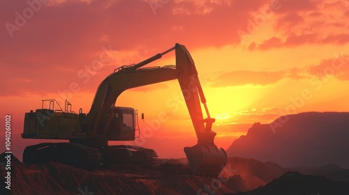 Powerful excavator working at sunset, digging deep into the ground